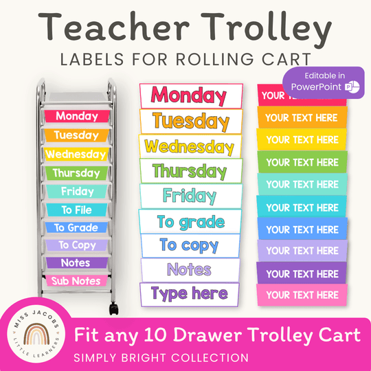 10 Drawer Cart Labels | Brights Teacher Trolley Labels | Editable