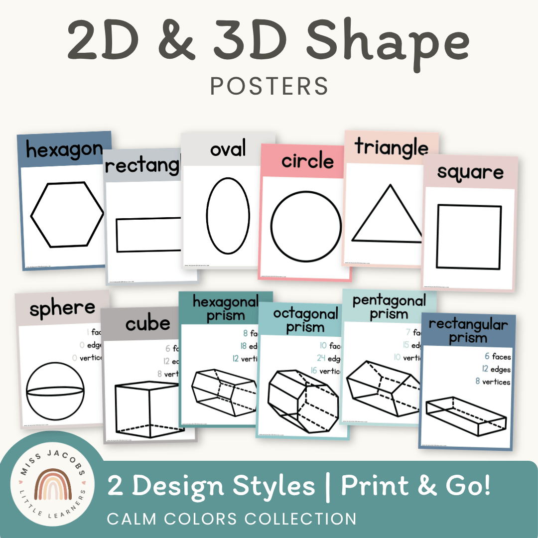Calm Colors 2D & 3D Shape Posters - Math Bulletin Board Decor
