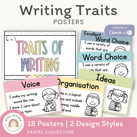 6 + 1 Traits of Writing Posters - Pastel Classroom Theme