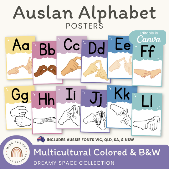Auslan Alphabet Posters: Australian Sign Language - Dreamy Space Classroom Decor
