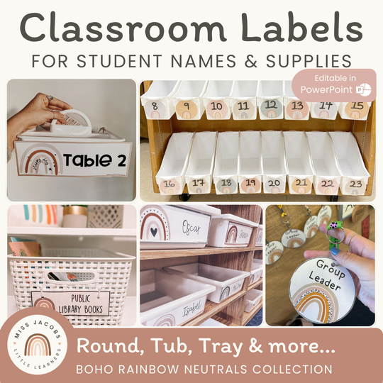 Classroom Label Student Names & Supplies - Boho Rainbow Decor