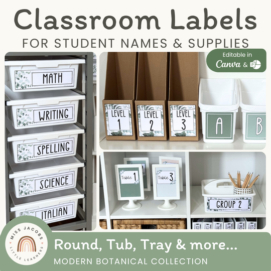 Classroom Labels Student Names & Supplies - Modern Botanical