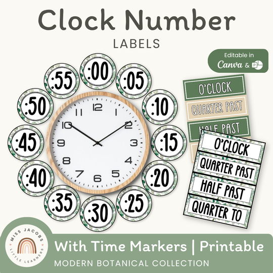 Clock Labels - Modern Botanical Classroom Decor