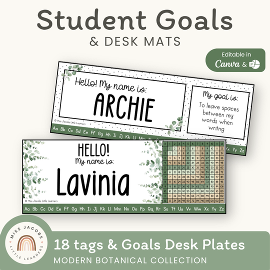 Student Desk Name Plate & Goals Mat - Modern Botanical Decor