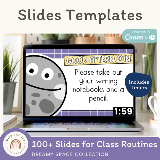 Morning Meeting Slides Templates: Google, Canva, PPT - Dreamy Space Theme