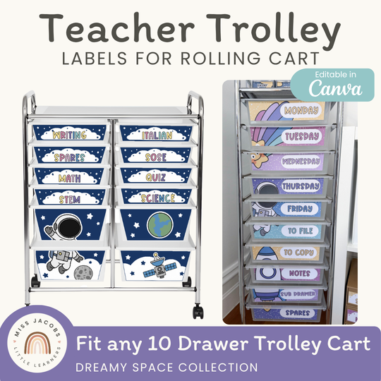 Teacher Trolley Labels for Rolling Cart - Dreamy Space Classroom Decor