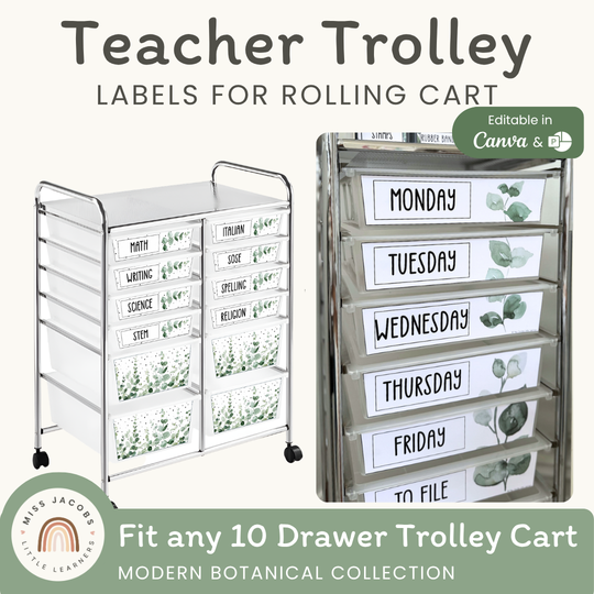 Teacher Trolley Labels for Rolling Cart - Modern Botanical Decor
