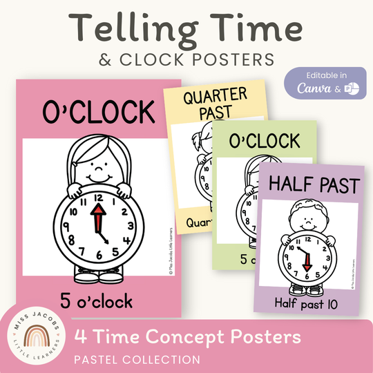 Telling Time and Clock Posters - Pastel Classroom Theme