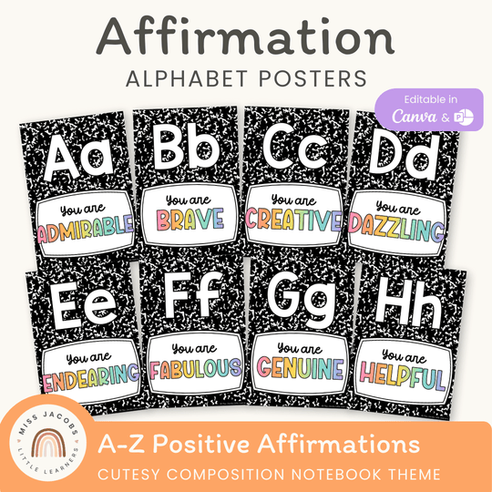 Affirmation Alphabet Posters - Black - Cutesy Composition Notebook Decor
