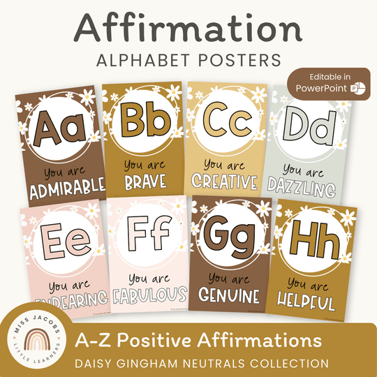 Affirmation Alphabet Posters - Daisy Gingham Neutrals Decor