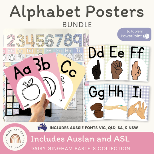 Alphabet Posters Bundle - English, ASL & Auslan - Daisy Gingham Pastels