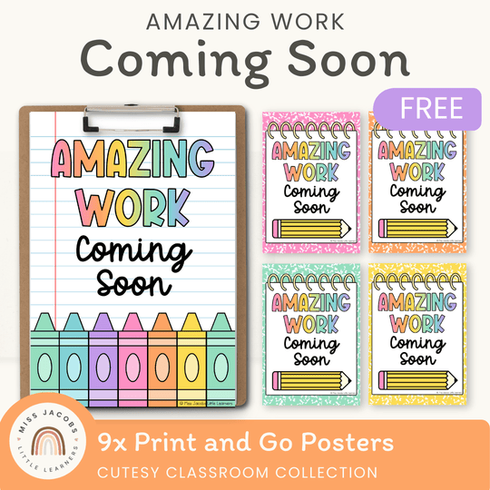 Amazing Work Coming Soon Posters - Cutesy Composition Notebook Decor