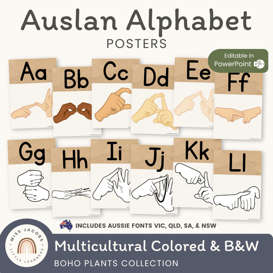 Auslan Alphabet Posters - Australian Sign Language - Boho Plants Decor