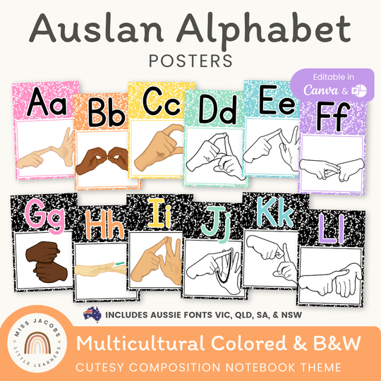 Auslan Alphabet Posters - Australian Sign Language - Cutesy Composition Notebook