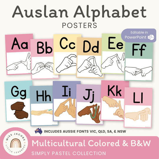 Auslan Alphabet Posters - Australian Sign Language - Simply Pastel