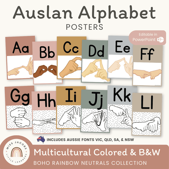 Auslan Alphabet Posters - Boho Rainbow Neutrals Decor
