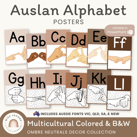 Auslan ALPHABET POSTERS | NEUTRALS THEME | WITH AND WITHOUT SPOTS
