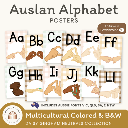 Auslan (Australian Sign Language) Alphabet Posters | Daisy Gingham Neutrals Classroom Decor