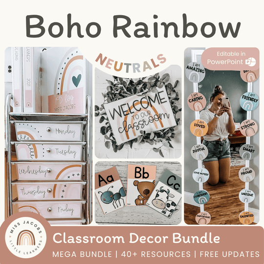 Boho Rainbow Neutrals Classroom Decor Bundle