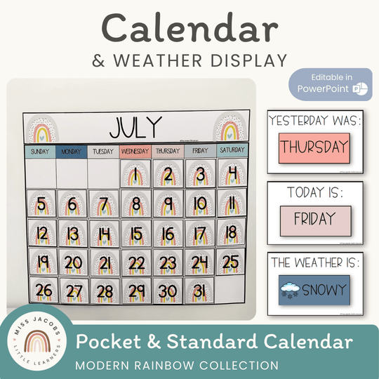 Calendar & Weather Display - Modern Rainbow Classroom Decor