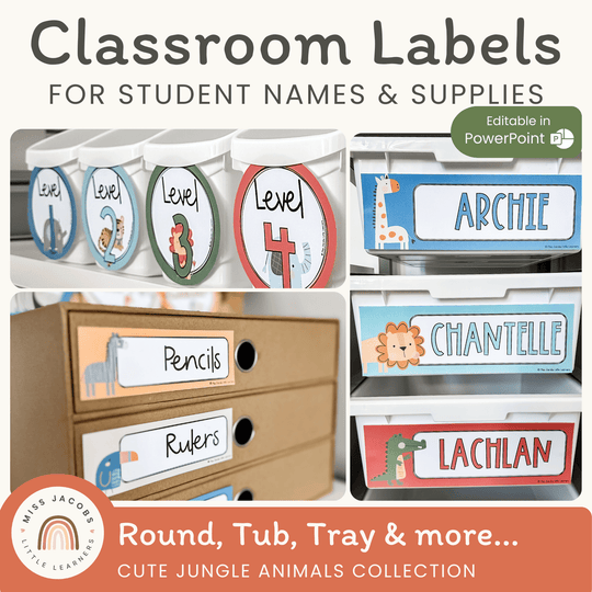 Classroom Labels Student Names & Supplies - Cute Jungle Animals