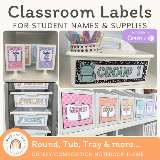 Classroom Labels Student Names & Supplies - Cutesy Composition Notebook