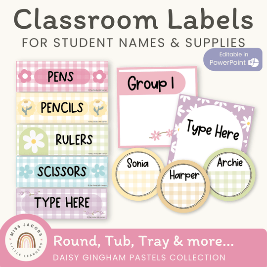 Classroom Labels Student Names & Supplies - Daisy Gingham Pastels
