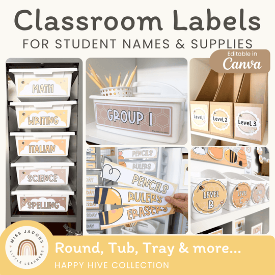 Classroom Labels Student Names & Supplies - Happy Hive Classroom Decor