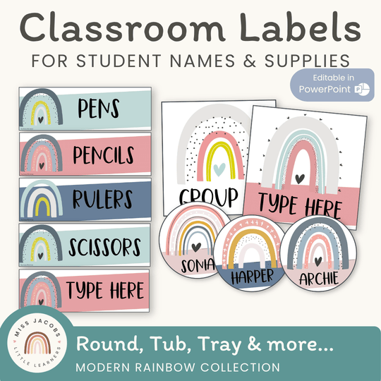 Classroom Labels Student Names & Supplies - Modern Rainbow Classroom Decor