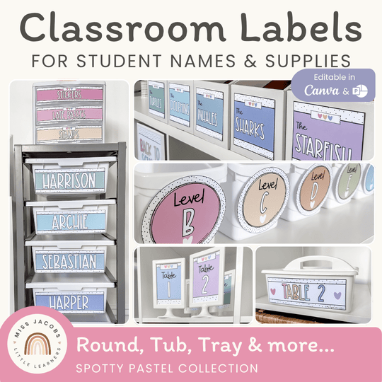 Classroom Labels Student Names & Supplies - Spotty Pastel Decor