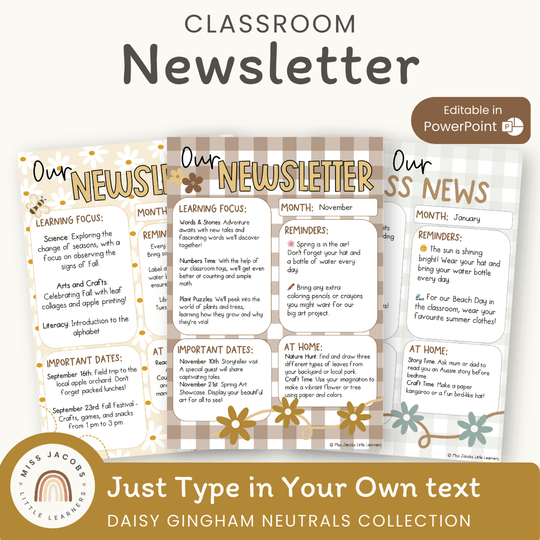 Classroom Newsletter Templates - Daisy Gingham Neutrals Decor