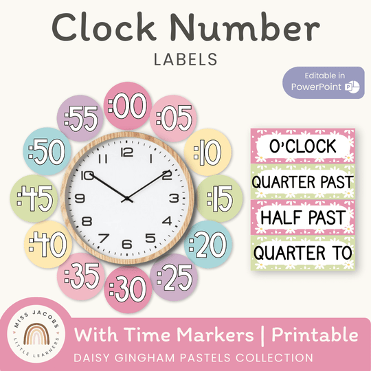 Clock Labels - Daisy Gingham Pastels Classroom Decor