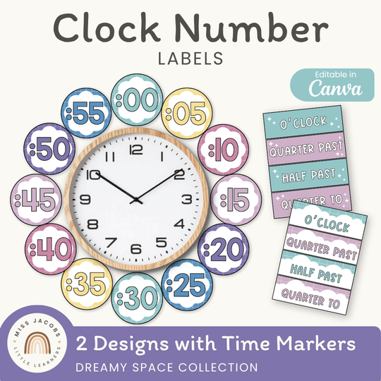 Clock Number Labels - Dreamy Space Theme Classroom Decor