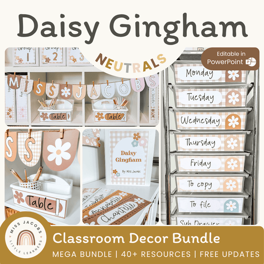 Daisy Gingham Neutrals Classroom Decor Bundle