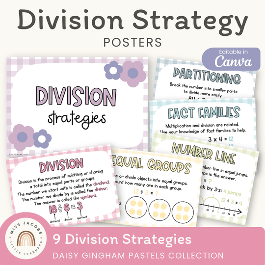 Division Strategies Posters - Daisy Gingham Pastels Classroom Decor