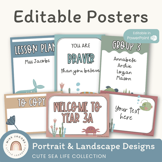 Editable Classroom Posters Templates - Cute Sea Life Theme