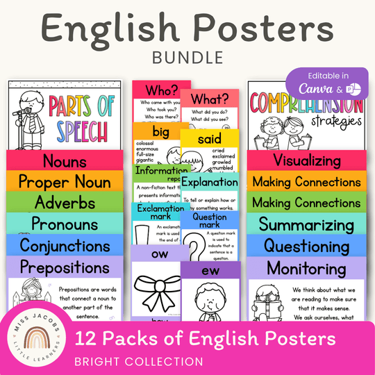 English Posters Reading and Writing Bundle - Bright Theme