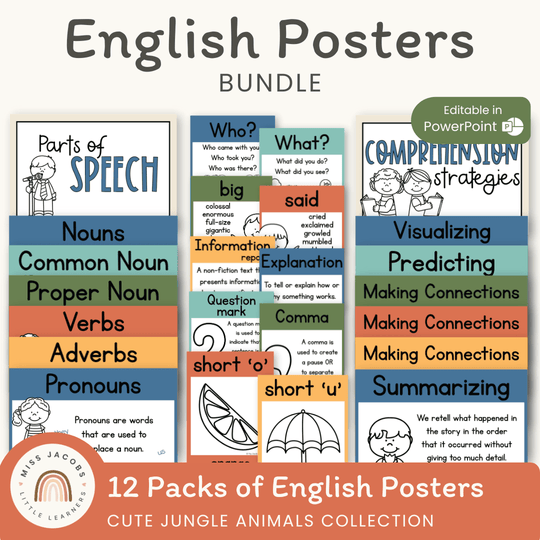 English Posters Reading and Writing Bundle - Cute Jungle Animals