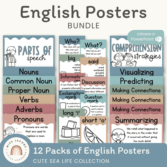 English Posters Reading and Writing Bundle - Cute Sea Life Theme