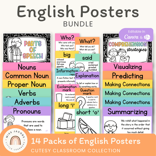 English Posters Reading and Writing Bundle - Cutesy Classroom Theme