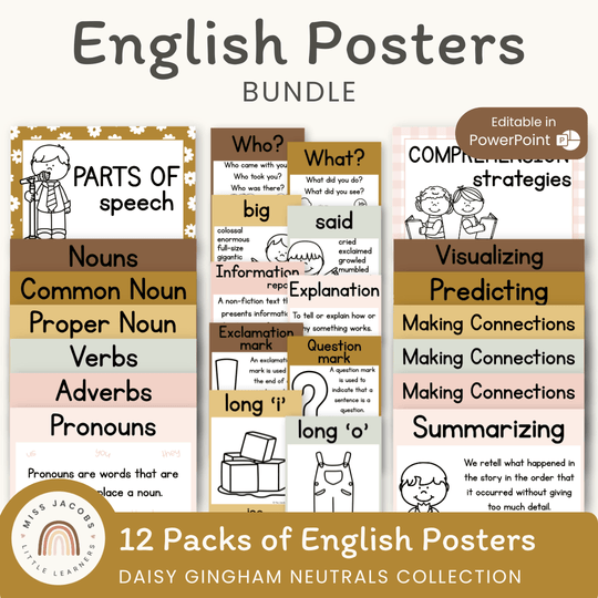 English Posters Reading and Writing Bundle - Daisy Gingham Neutrals