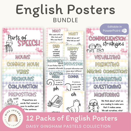 English Posters Reading and Writing Bundle - Daisy Gingham Pastels