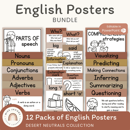 English Posters Reading and Writing Bundle - Desert Neutrals Theme