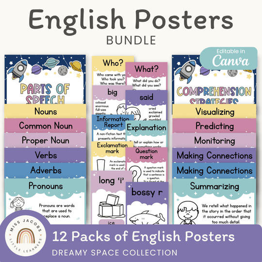 English Posters Reading and Writing Bundle - Dreamy Space Theme