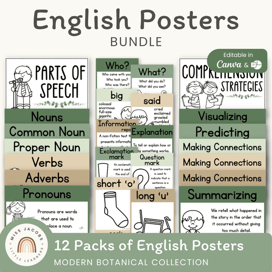 English Posters Reading and Writing Bundle - Modern Botanical Theme