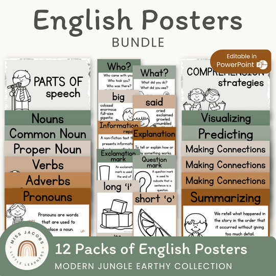 English Posters Reading and Writing Bundle - Modern Jungle Earthy