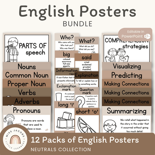 English Posters Reading and Writing Bundle - Neutrals Theme