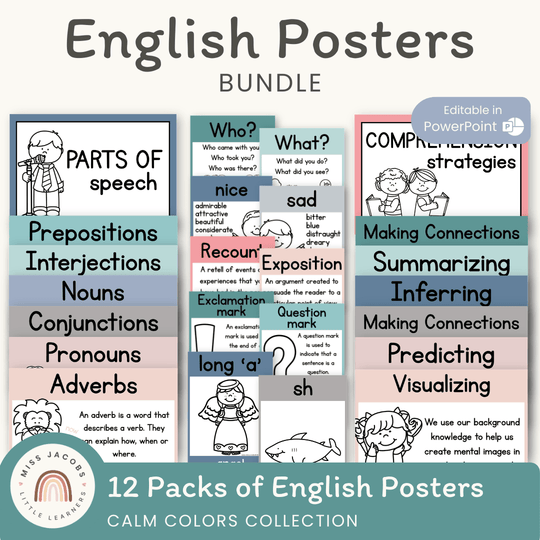 English Posters Reading and Writing Bundle - Rainbow Calm Colors