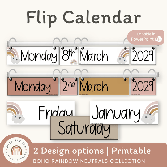 Flip Calendar - Boho Rainbow Neutrals Classroom Decor