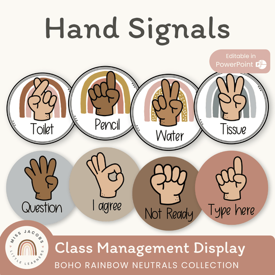 Hand Signals Posters - Boho Rainbow Neutrals Classroom Decor